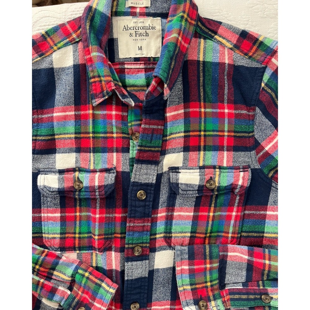 Abercrombie & Fitch Mens M Muscle Fit Plaid Flannel Shirt Red Blue Green Cotton